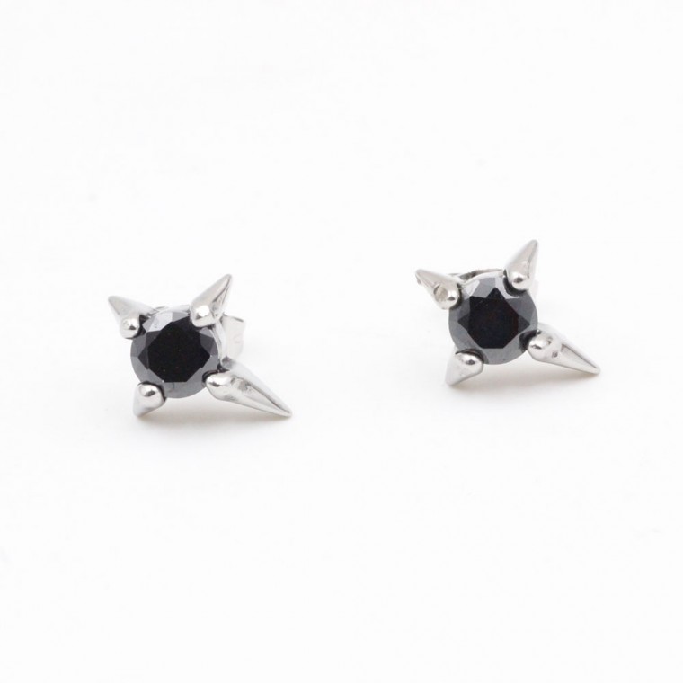 PO-302 Four-Pointed Star Earrings with Black Stone 