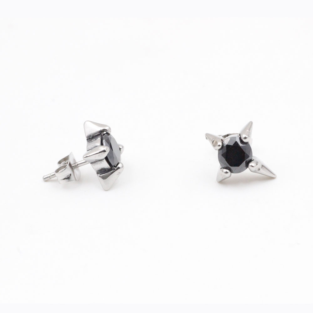 PO-302 Four-Pointed Star Earrings with Black Stone