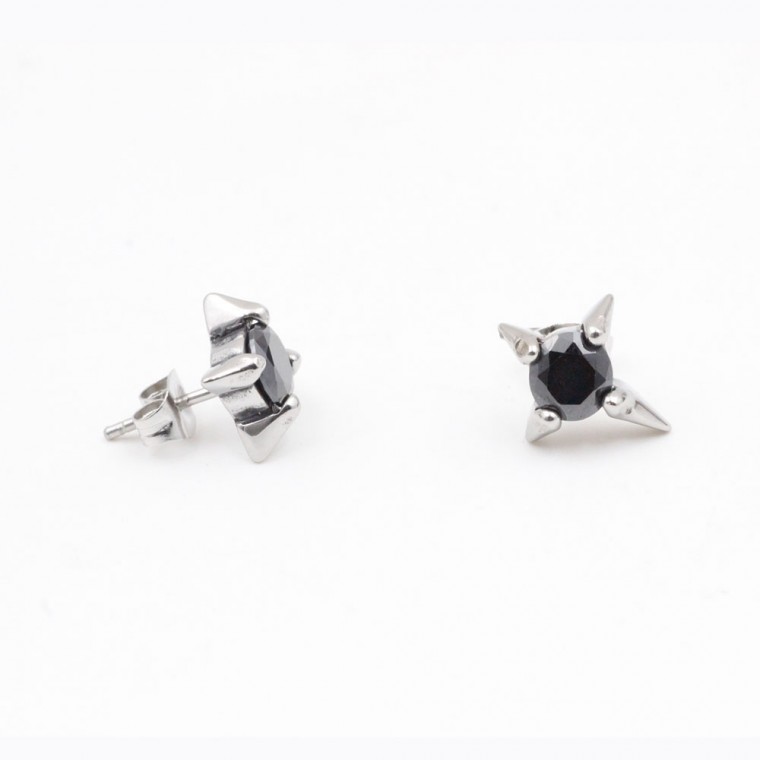 PO-302 Four-Pointed Star Earrings with Black Stone 