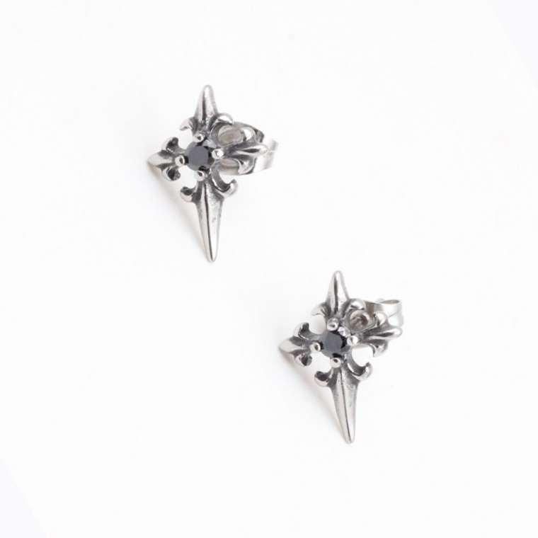 PO-310 Four-Pointed Earrings with Black Stone in Stainless Steel Ideal Gift