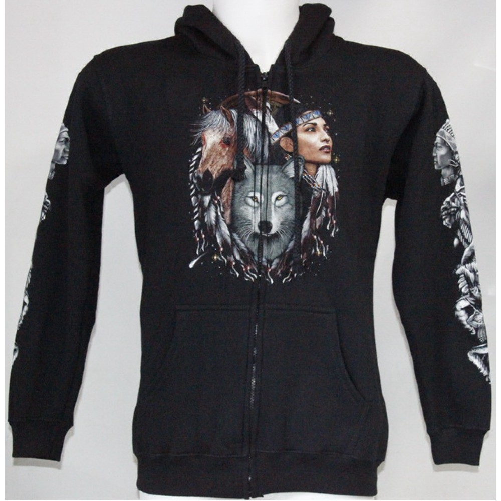 H-4273 Hoodie Wolf Horse and Indian Woman
