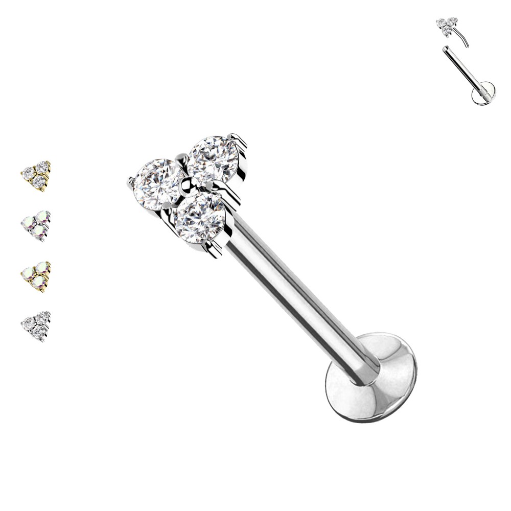 PC-105 Labret Push-in Threadless Piercing of Steel with Three Crystals