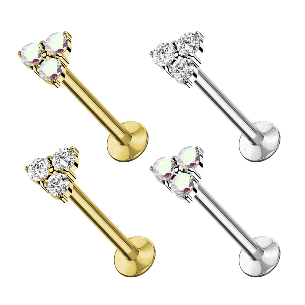 PC-105 Labret Push-in Threadless Piercing of Steel with Three Crystals