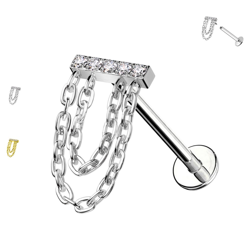 PC-142 Labret Piercing with Crystals and chain