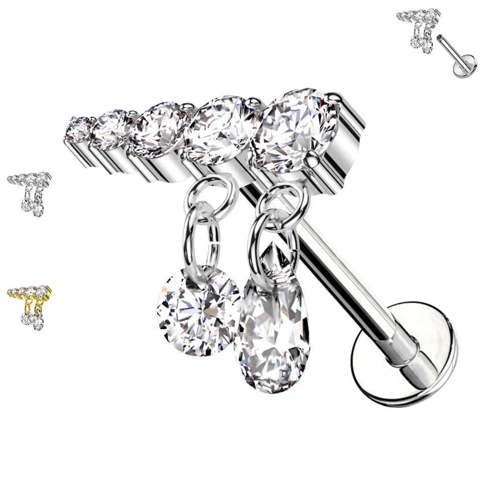 PC-158 Piercing Labret with Internal Threading with Teardrop Crystal Charms