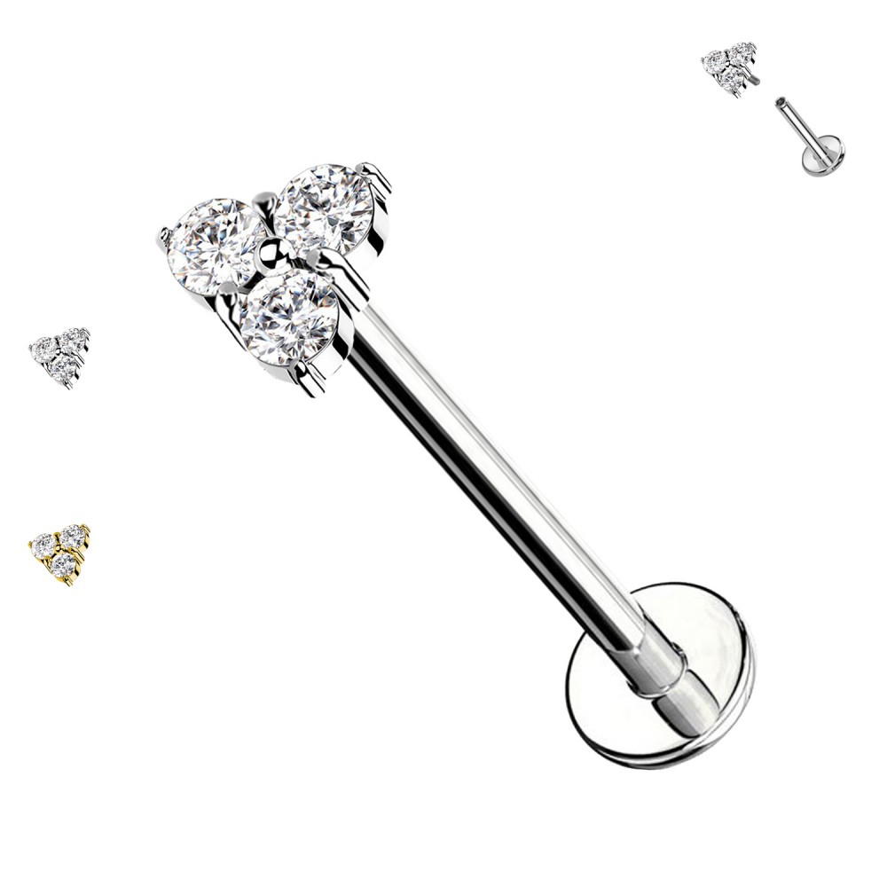 PC-161 Flat Labret Piercing with Internal Thread with Three Crystals