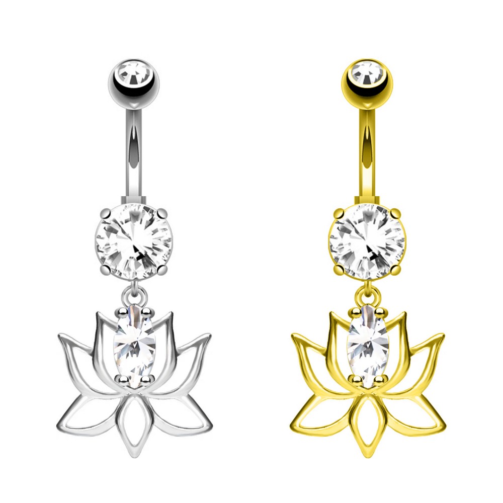 PD-269 Piercing Banana Ombelico con Cristallo e Pendente a forma di loto PD-269 Piercing Banana Ombelico con Cristallo e Pendente a forma di loto