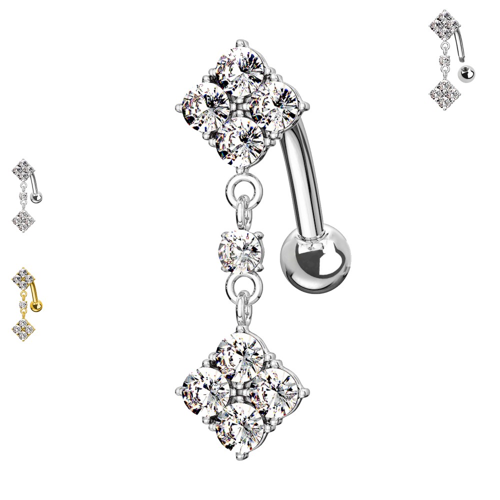 PD-225 Piercing Top drop belly bar squared vintage with clear crystals