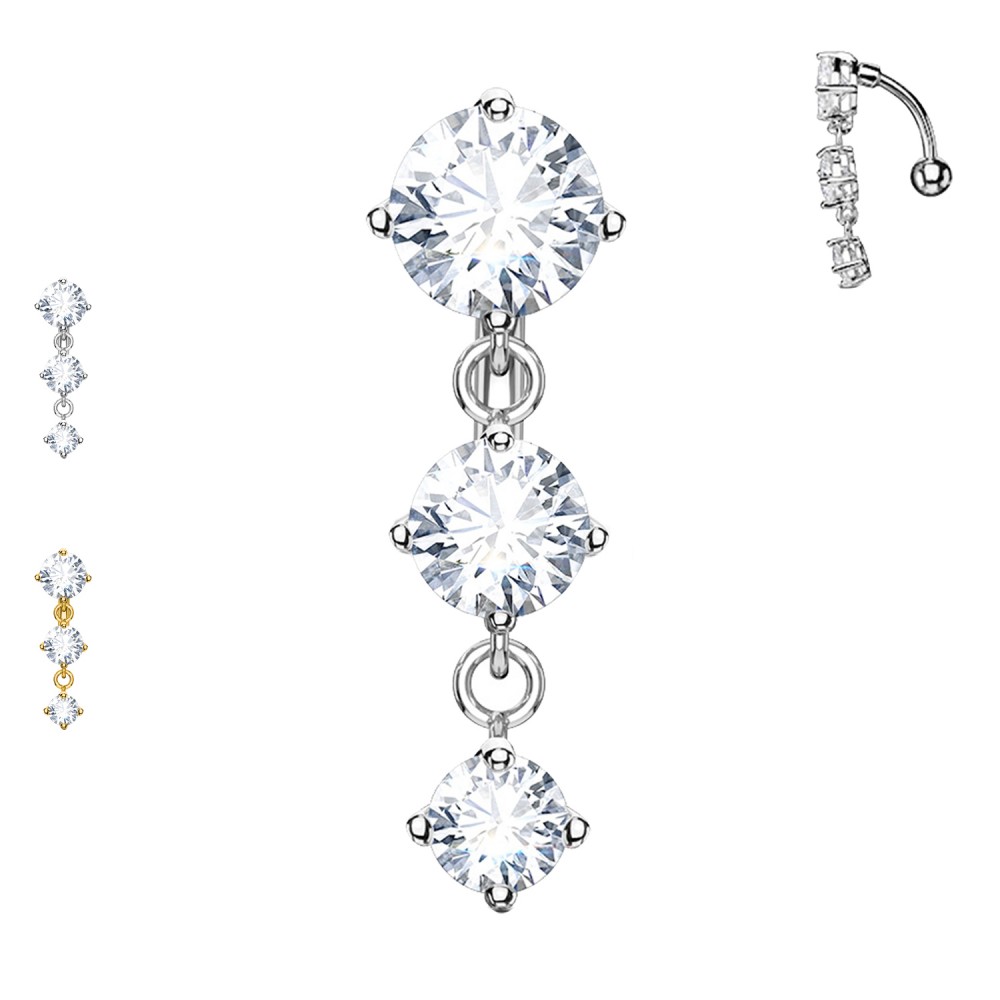 PD-226 Piercing Top drop belly bar with three clear crystals