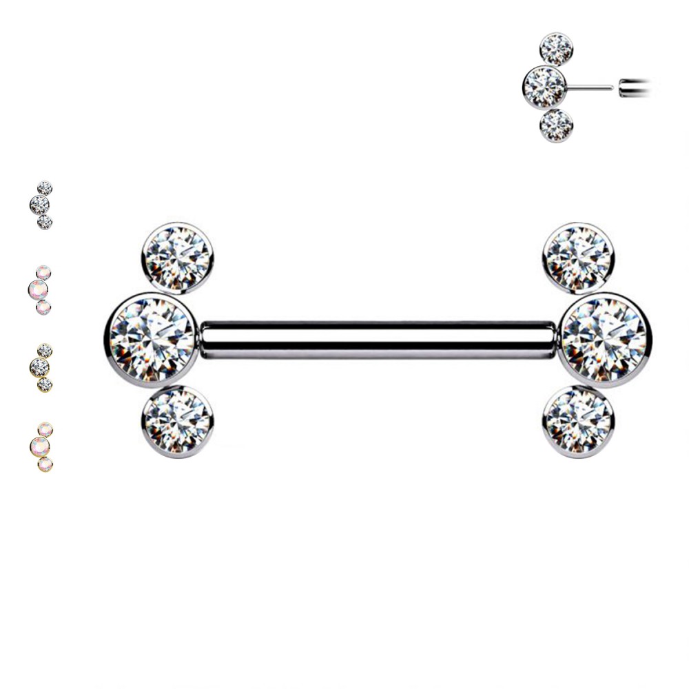 PL-104 Nipple Barbell Push-in Theadless with 3 Crystals