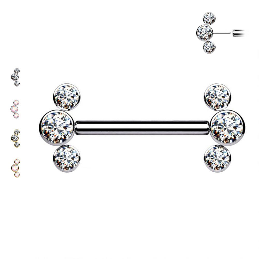 PL-104 Barbell Capezzolo senza Fili con 3 Cristalli Push-in PL-104 Barbell Capezzolo senza Fili con 3 Cristalli Push-in