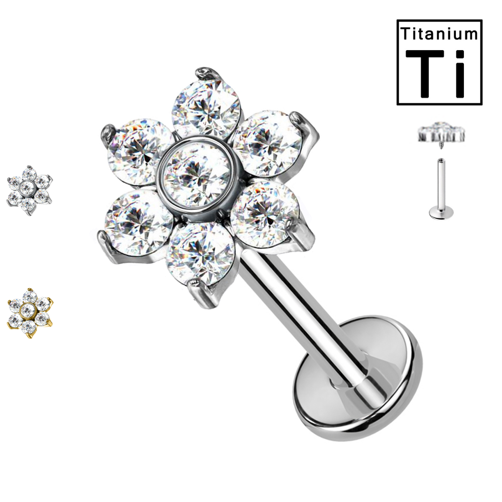 PWC-009 Labret Piercing with Flower Crystal in Titanium
