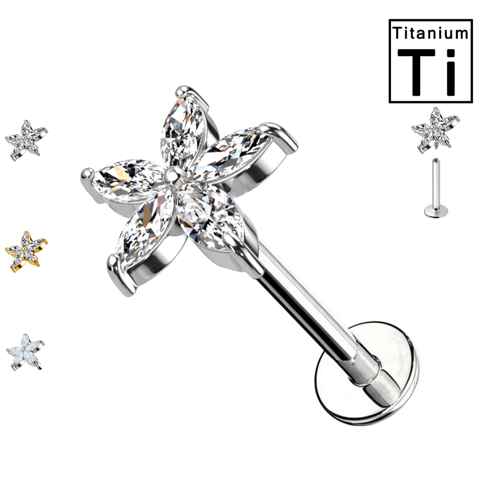 PWC-023 Labret Piercing with Flower Crystal in Titanium