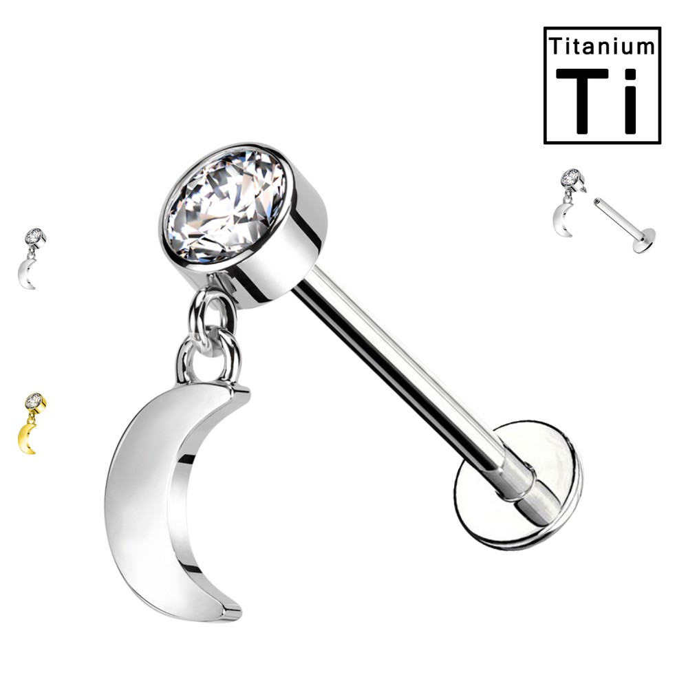 PWC-027 Labret Piercing with Moon and Crystal in Titanium