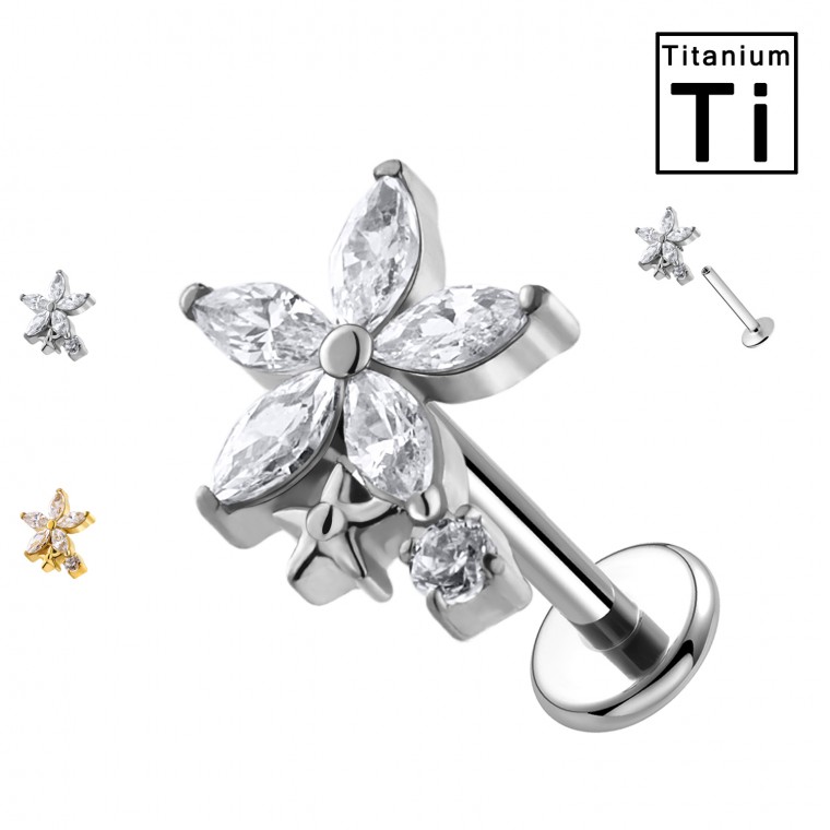 PWC-271 Piercing Labret in Titanio a Forma di Fiore e Stella con Cristalli PWC-271 Piercing Labret in Titanio a Forma di Fiore e Stella con Cristalli
