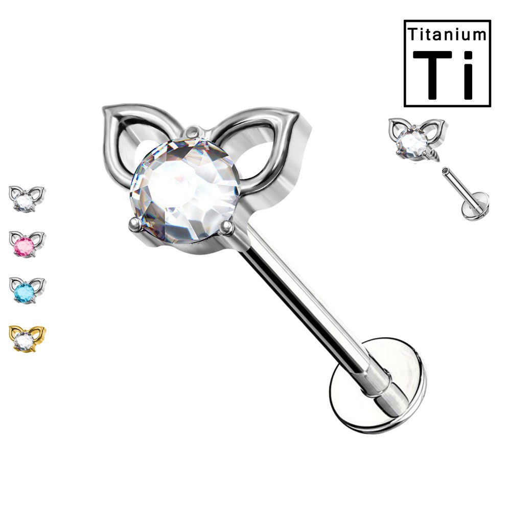 PWC-801 Titanium Labret Piercing with Cat Ears with Crystals
