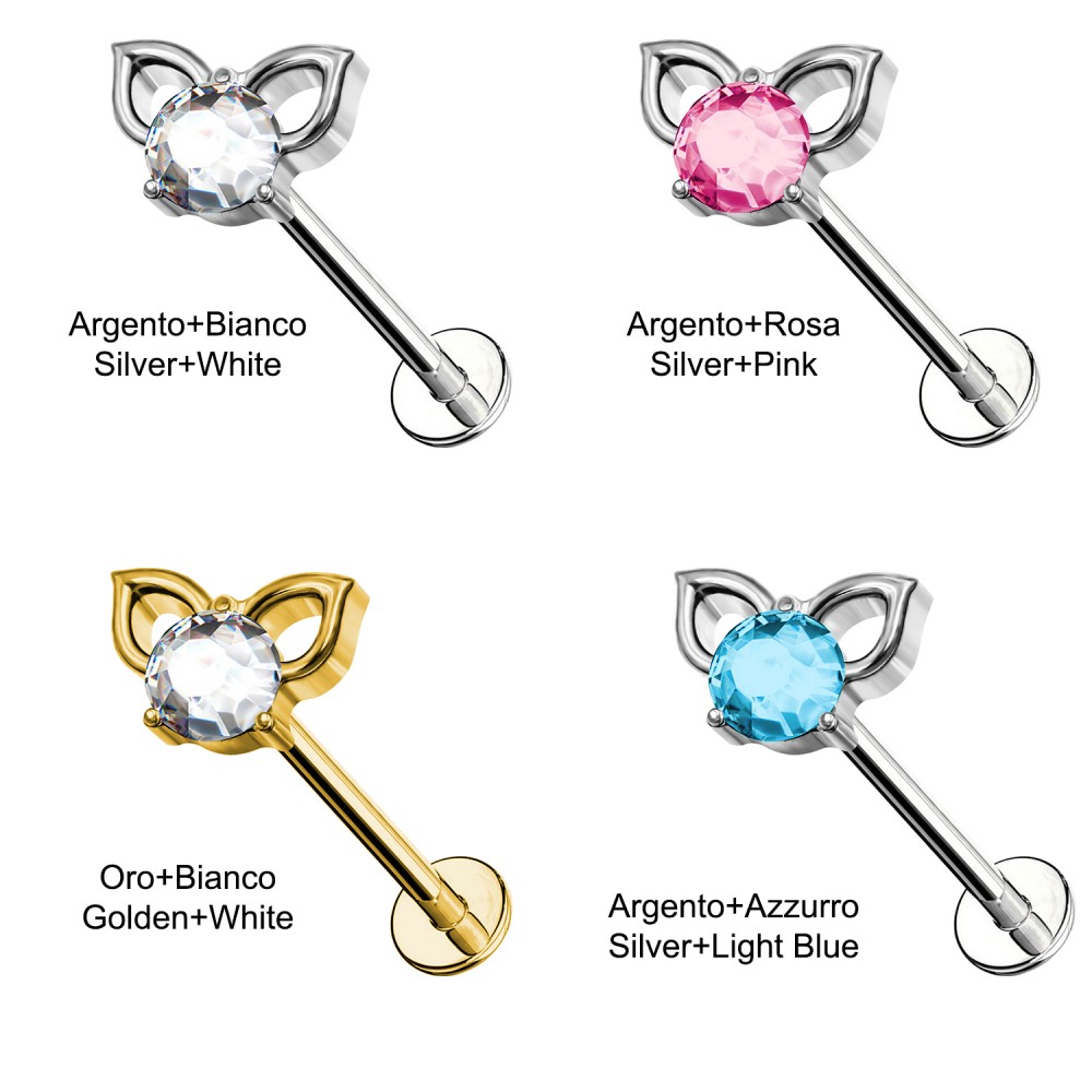 PWC-801 Titanium Labret Piercing with Cat Ears with Crystals