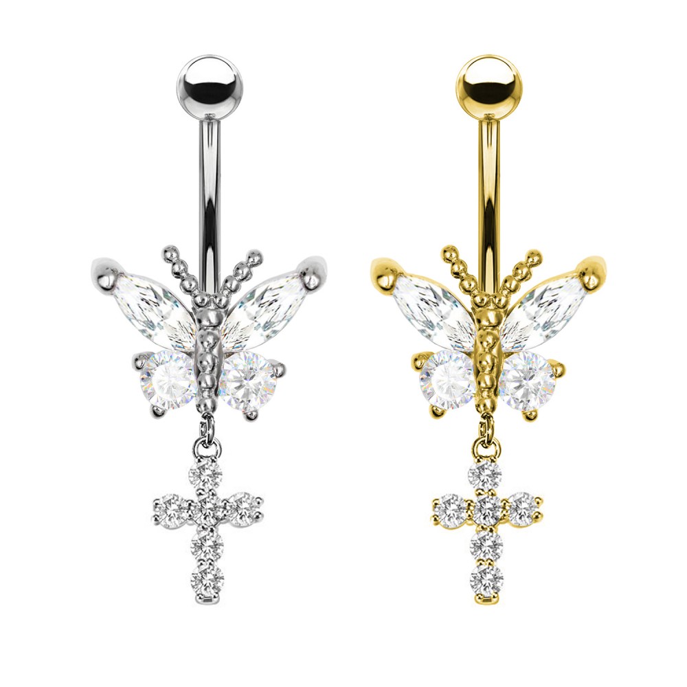 PD-202 Navel Piercing with Crystal - Butterfly and Crosses