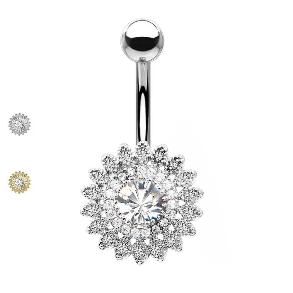 PD-204 Navel Piercing with Crystal - Round flower