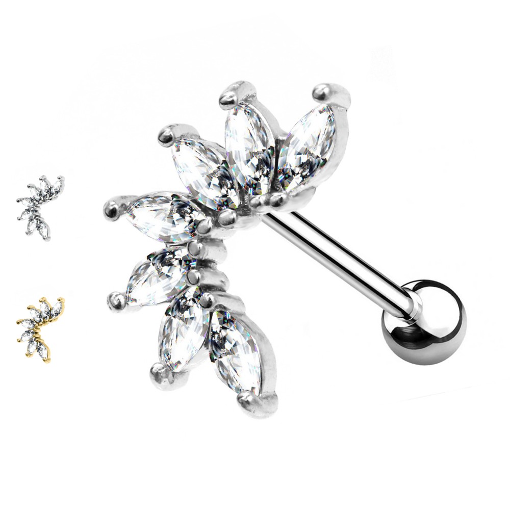 PO-455 Ear Piercing Barbell Stud with Petal Shaped Crystals