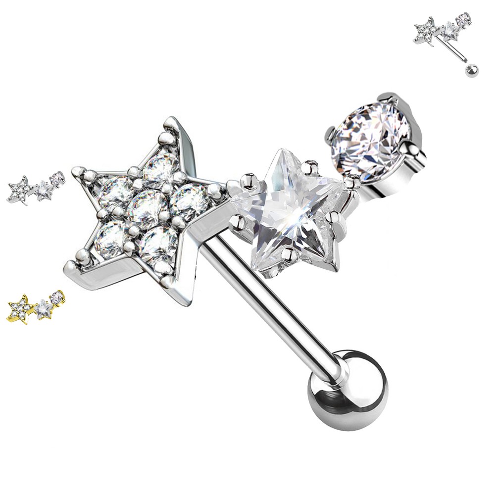 PO-484 Piercing Orecchio Barbell Stud con Cristalli STELLE