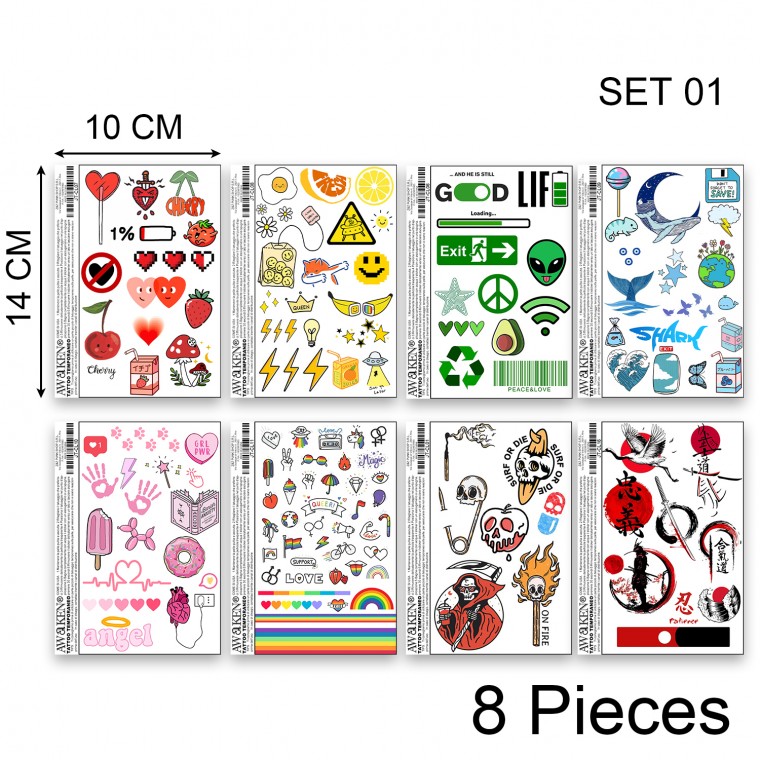 AWAKEN Tattoos Stickers Temporary Colored 8PCS/SET