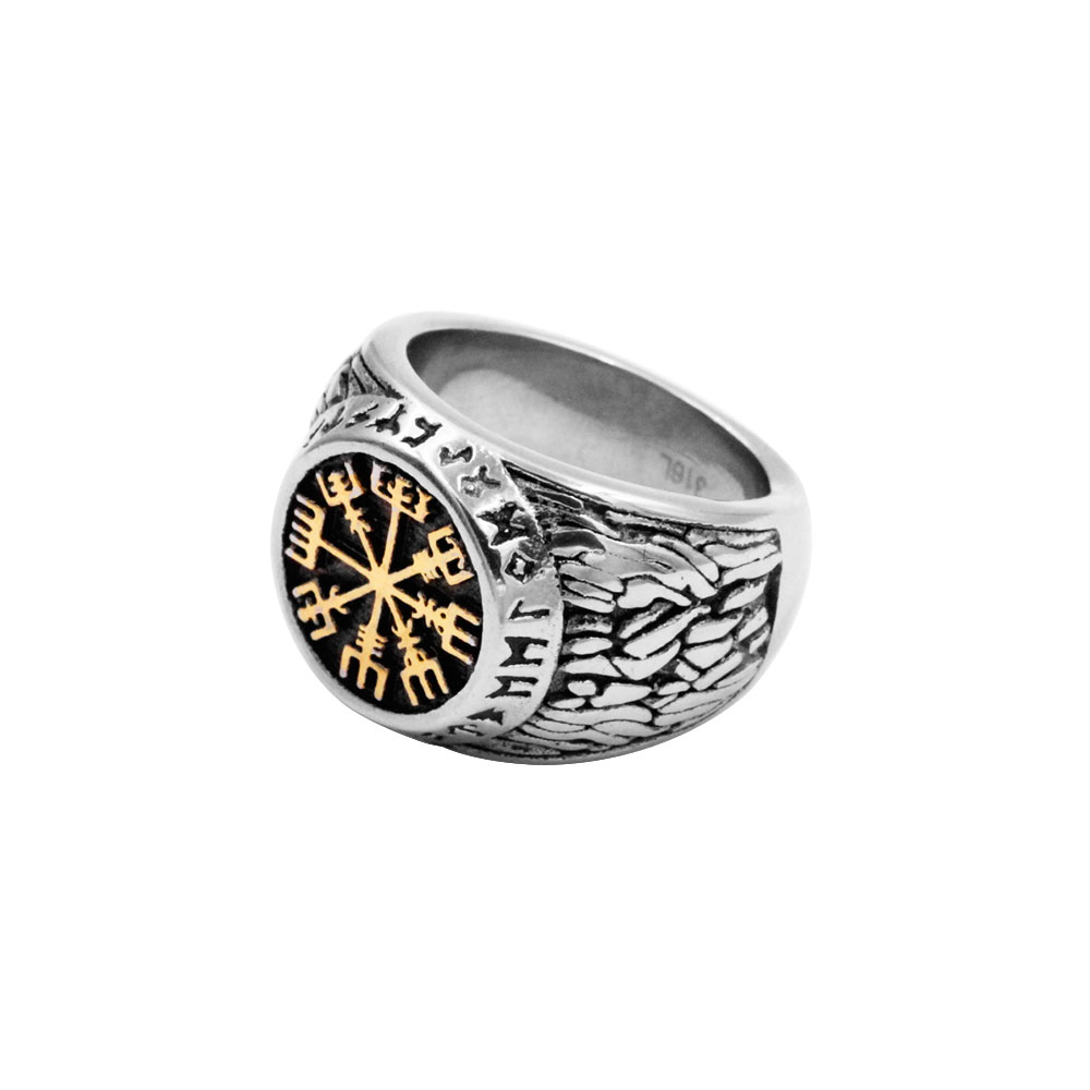 Ring Vegvisir Compass with Celtic Knot in Gold Steel
