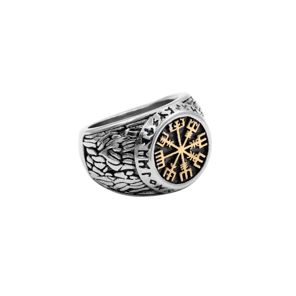 Ring Vegvisir Compass with Celtic Knot in Gold Steel