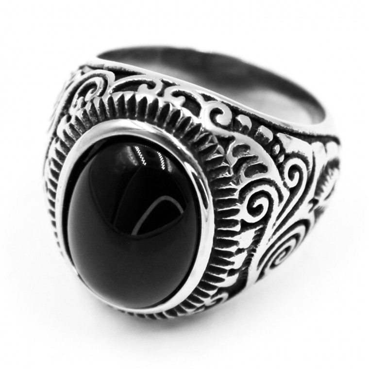 Steel Ring with Oval Black Gem