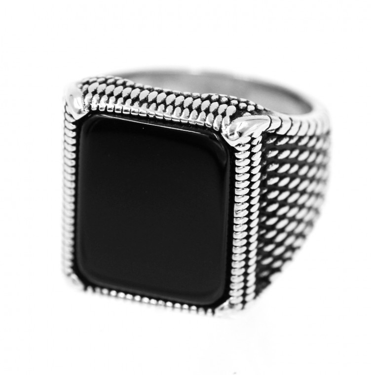 A-477 Steel Ring with Rectangle Black Gem 