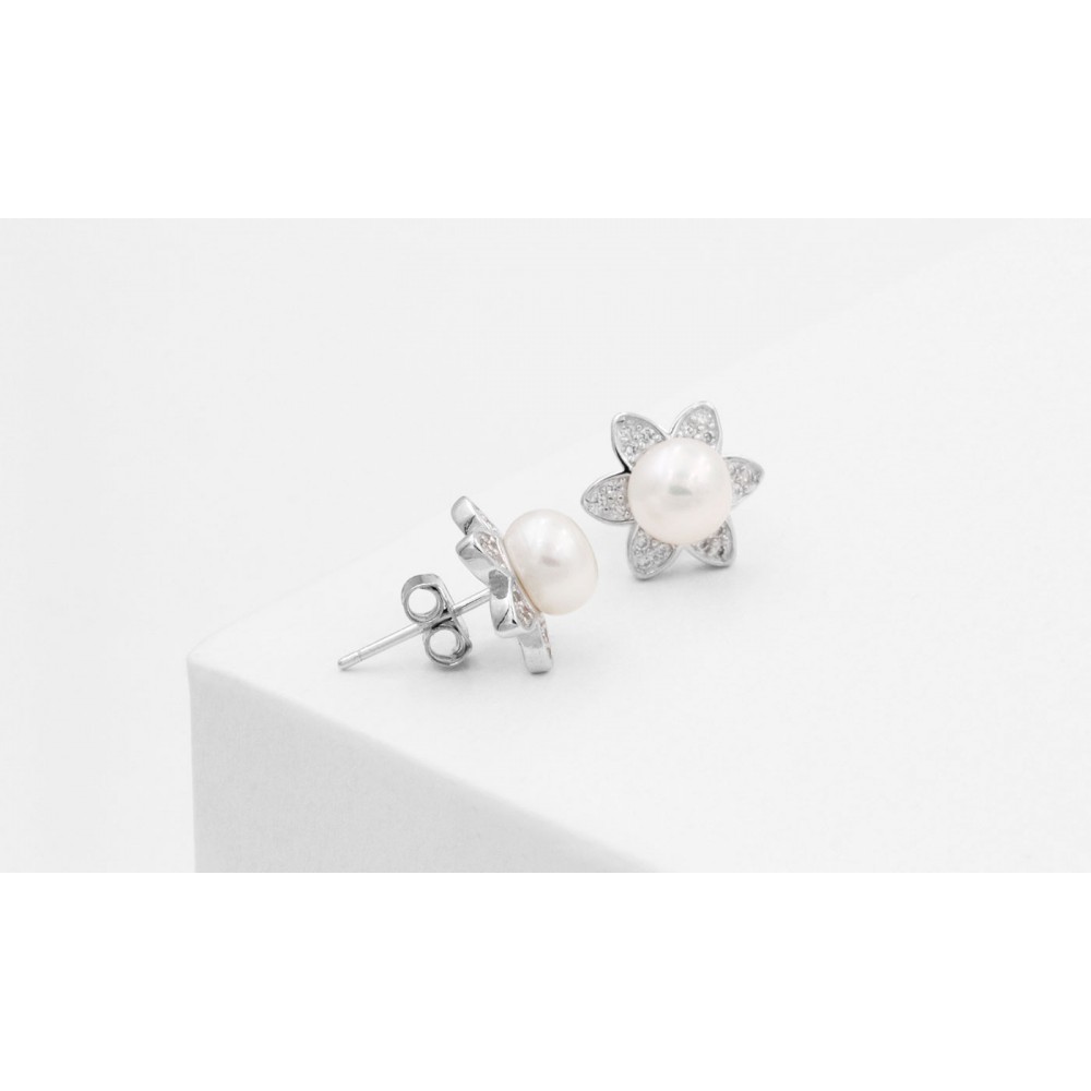 POS-012 Flower Earrings with Pearl in 925 Silver